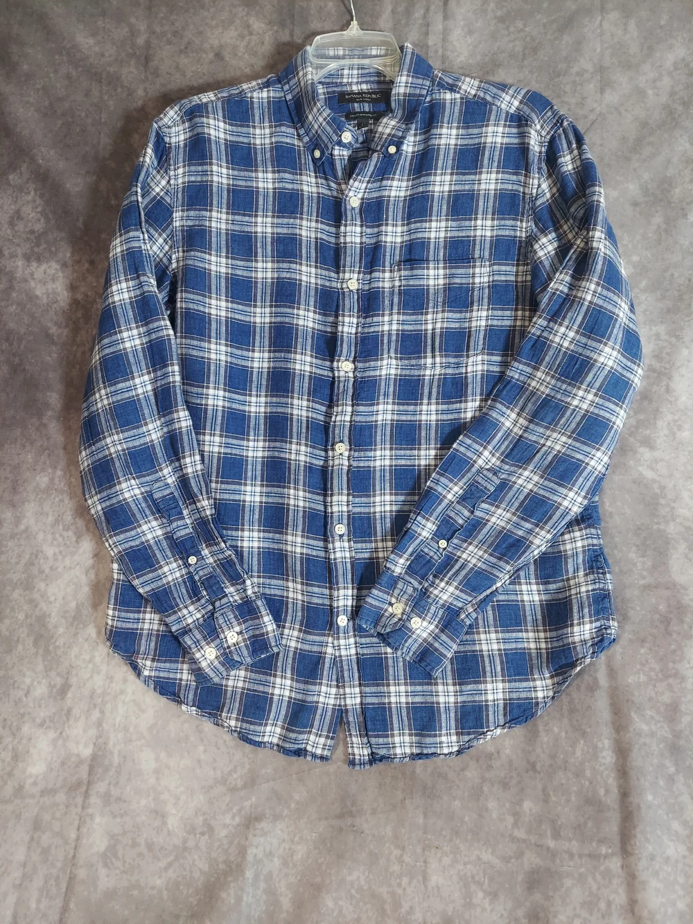Banana Republic Linen Plaid Shirt Men L Camden Standard Fit Blue White Plaid LS